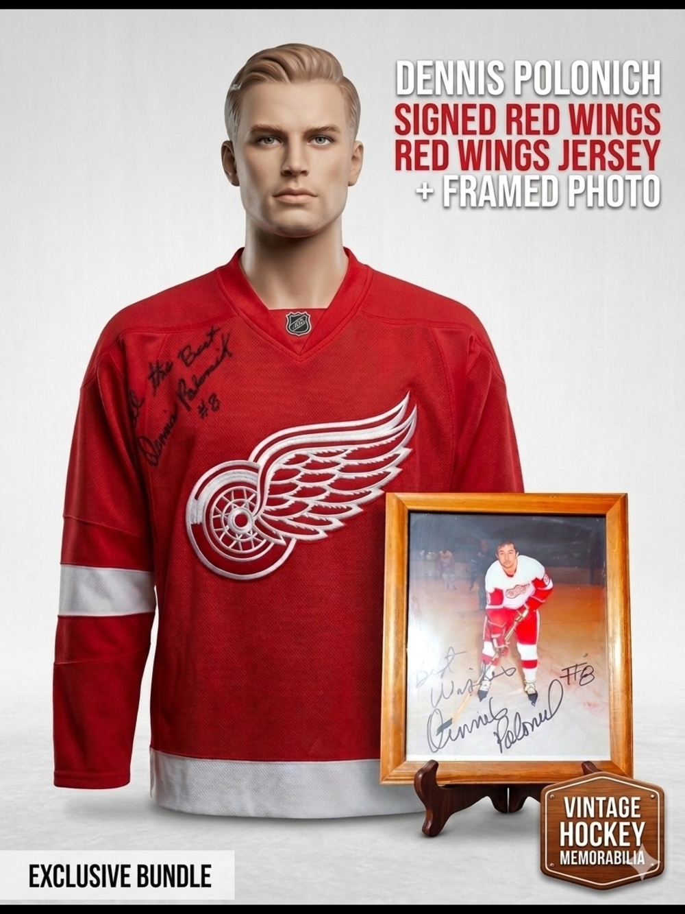 Dennis Polonich Signed Red Wings Jersey & Framed Photo Bundle - Authentic